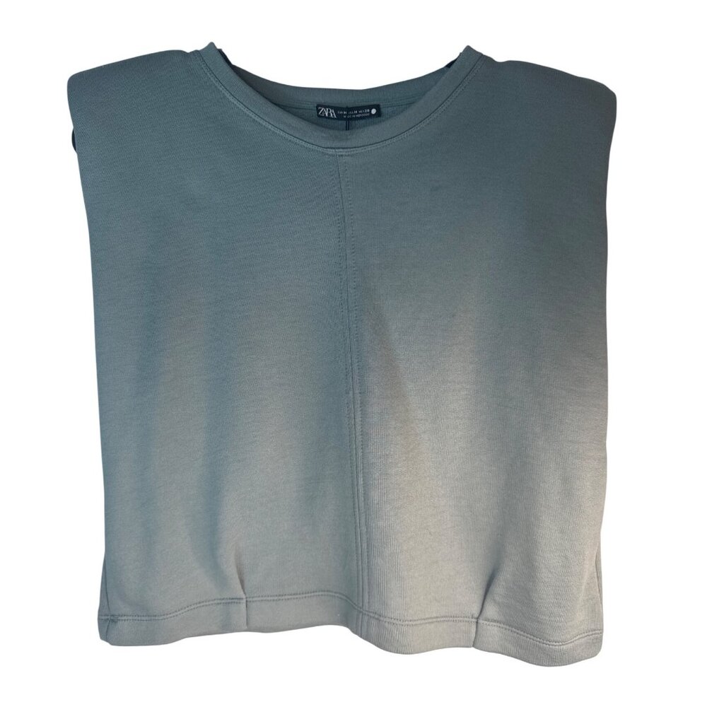 2/$30 ZARA Cropped Crewneck Sweatshirt M Blue Green Cotton & Polyamide Blend